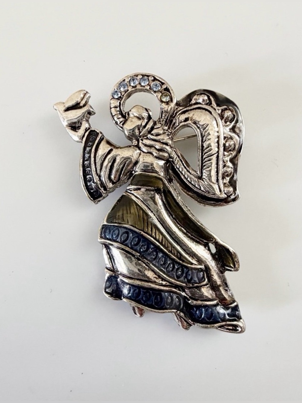 Vintage Signed AAI Angel Holding Bird Silver Tone Brooch Pin